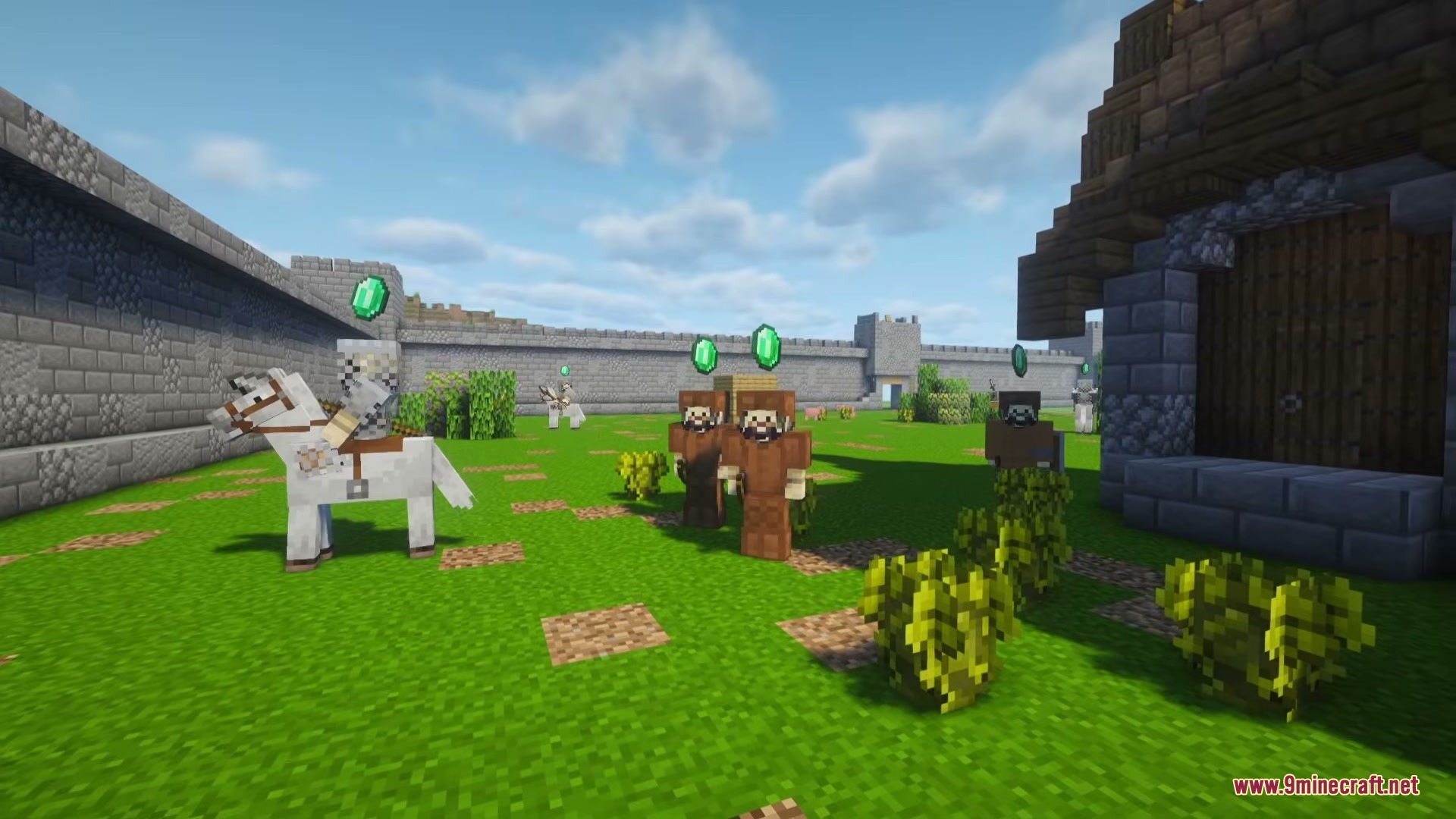 A Game of Blocks Mod Screenshot 5 Player on a white horse near NPCs with emerald icons inside a castle