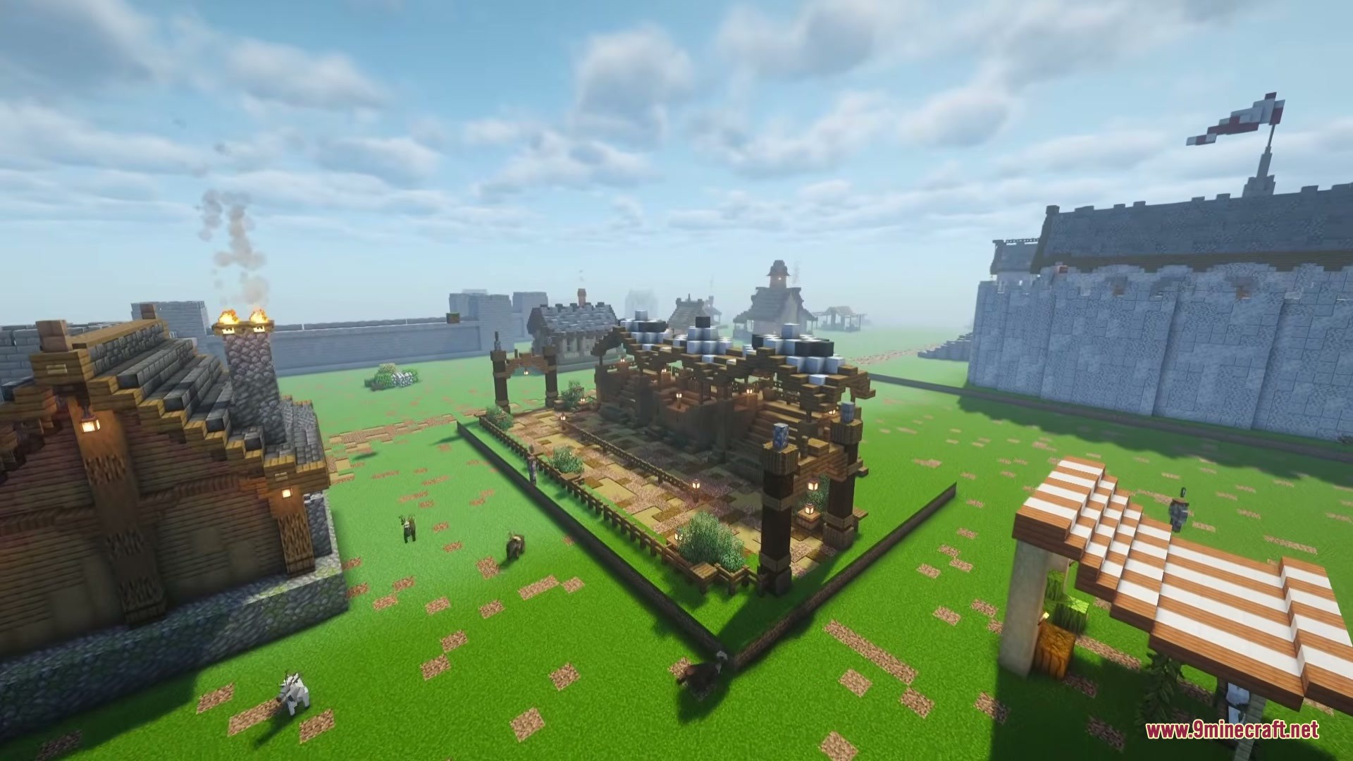 A Game of Blocks Mod Screenshot 6 Aerial view of a medieval kingdom with wooden houses and large stone walls