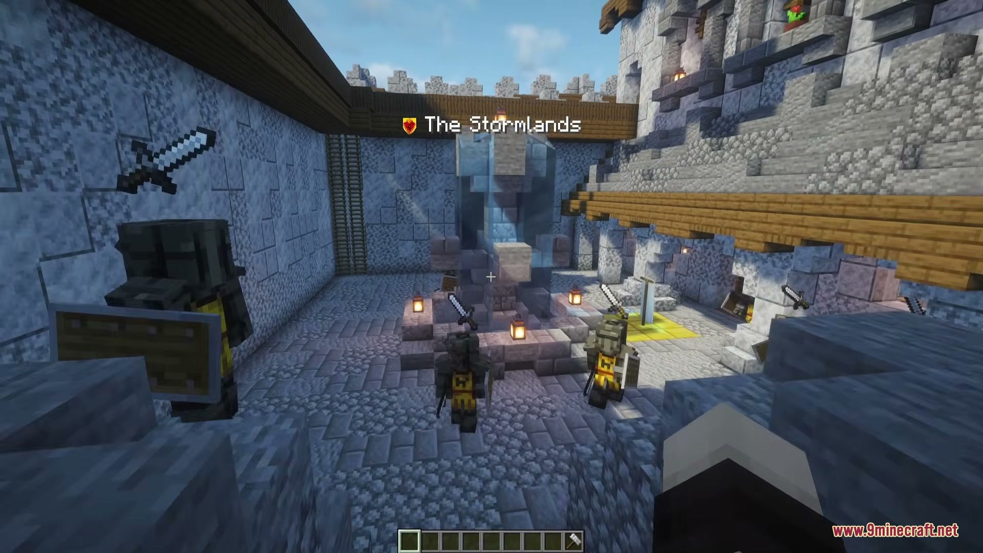 A Game of Blocks Mod Screenshot 7 Armored soldiers stand in a medieval castle courtyard near a stone fountain