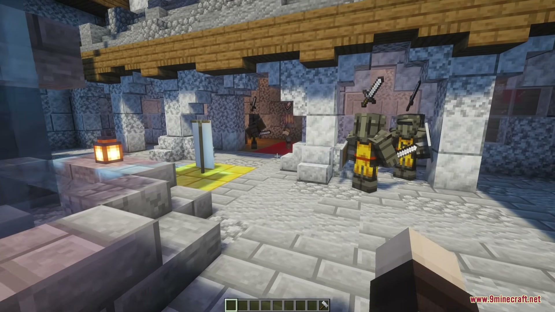 A Game of Blocks Mod Screenshot 9 Armored guards standing in a stone courtyard with a white banner
