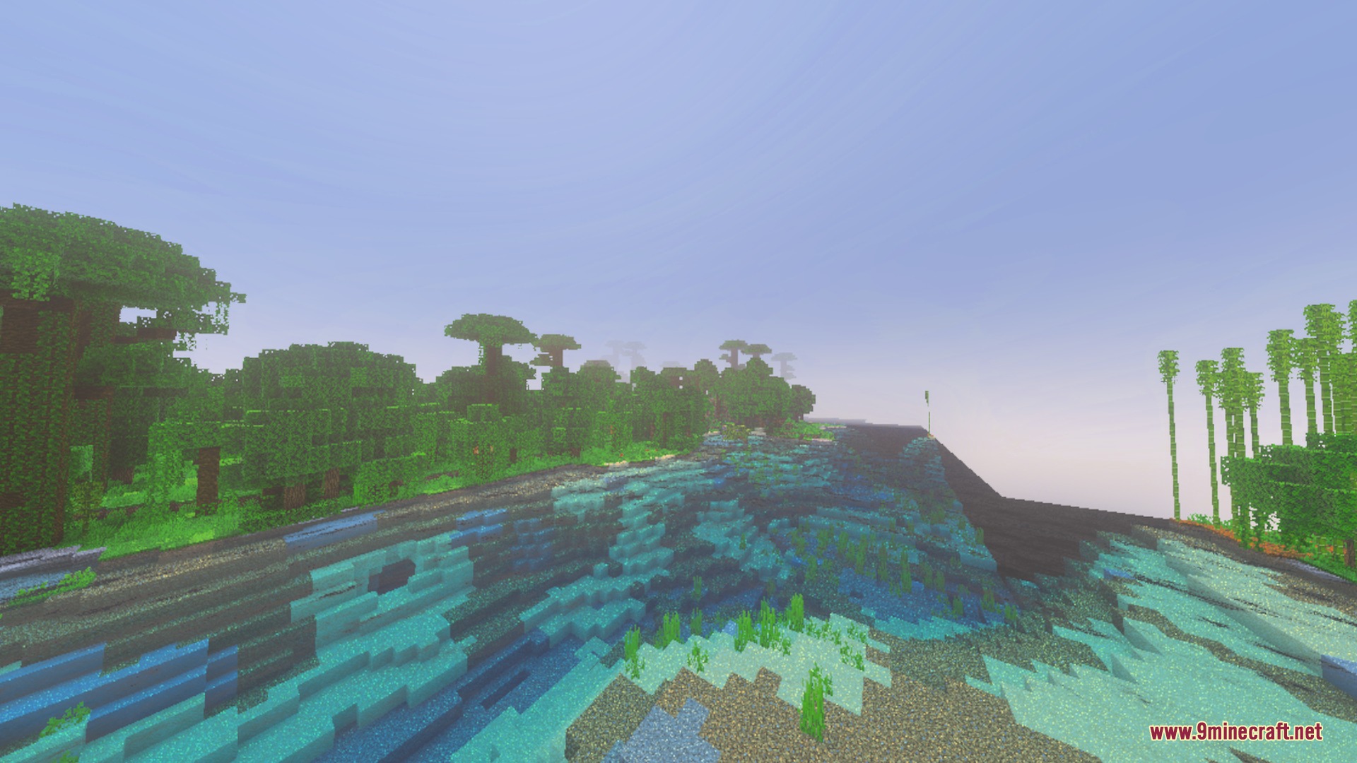 ACD Shaders - New Cinematic Illumination Shader Screenshot 1 Lush jungle biome next to a river with realistic water and fog