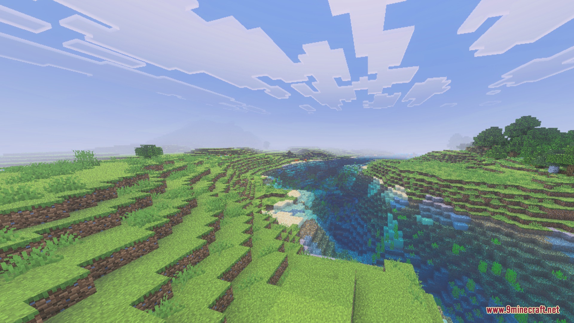 ACD Shaders - New Cinematic Illumination Shader Screenshot 5 Scenic Minecraft landscape with rolling green hills and clear blue water under clouds