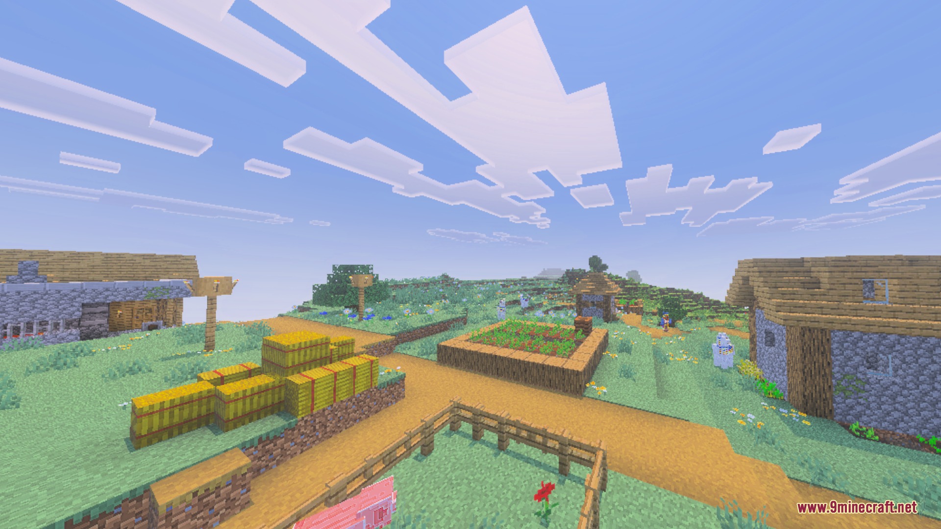 ACD Shaders - New Cinematic Illumination Shader Screenshot 7 A bright Minecraft village featuring soft shadows and realistic atmospheric cloud details