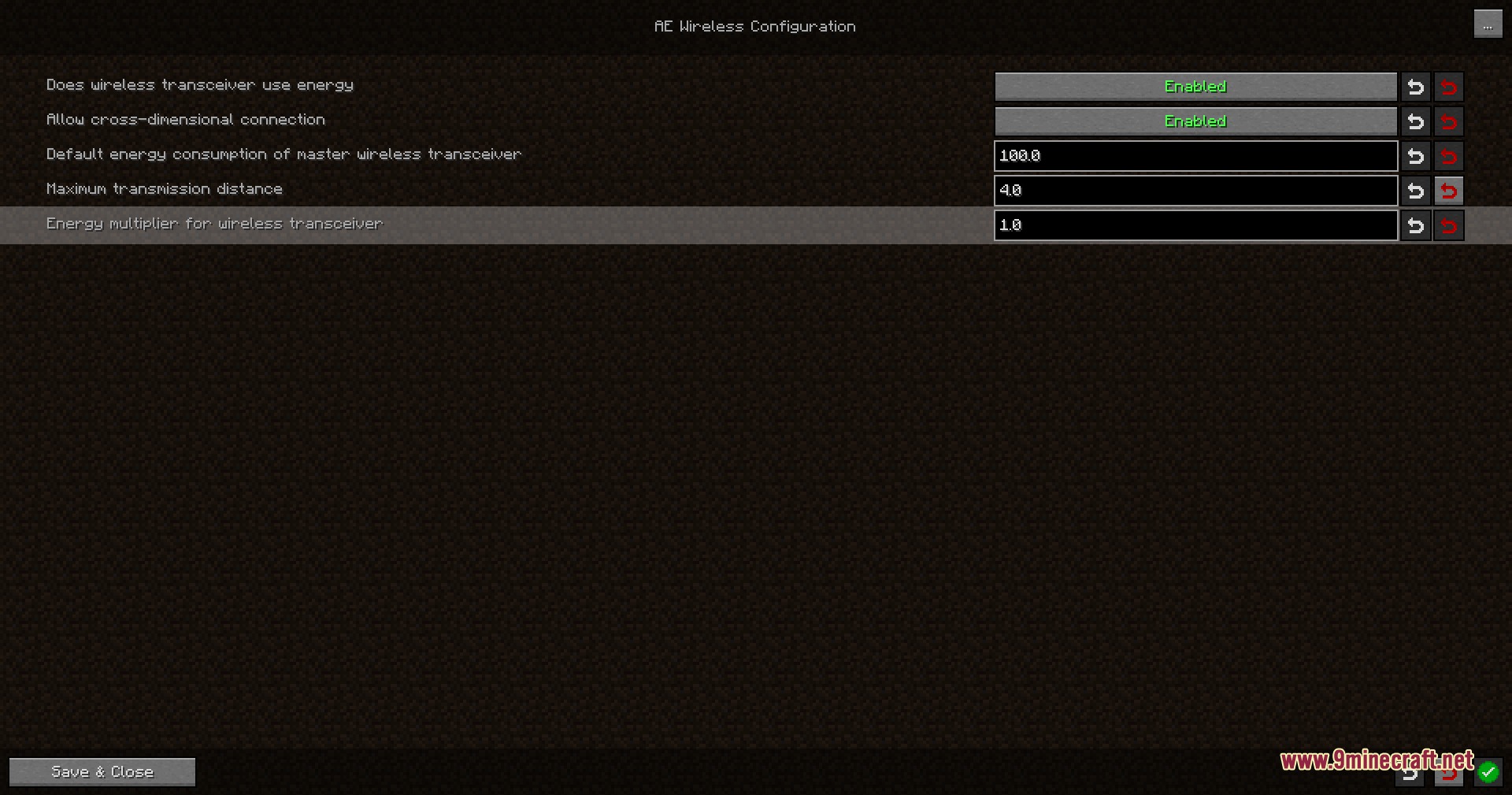 AE Wireless Transceiver Mod Screenshot 4 Configuration menu showing various settings for energy use and transmission distance