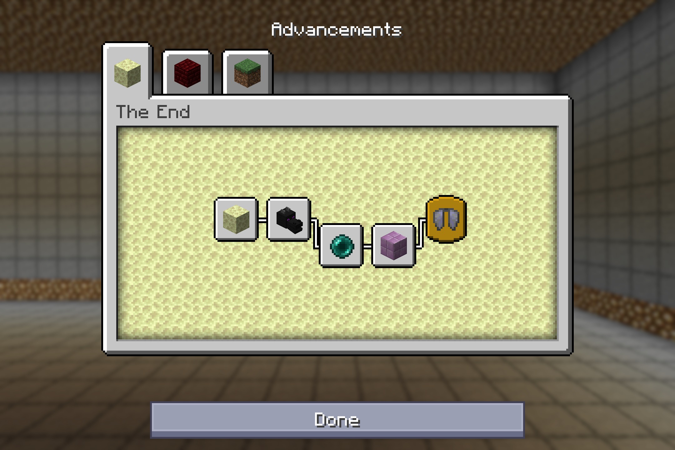 The End advancements screen displayed with a sleek and unified interface style