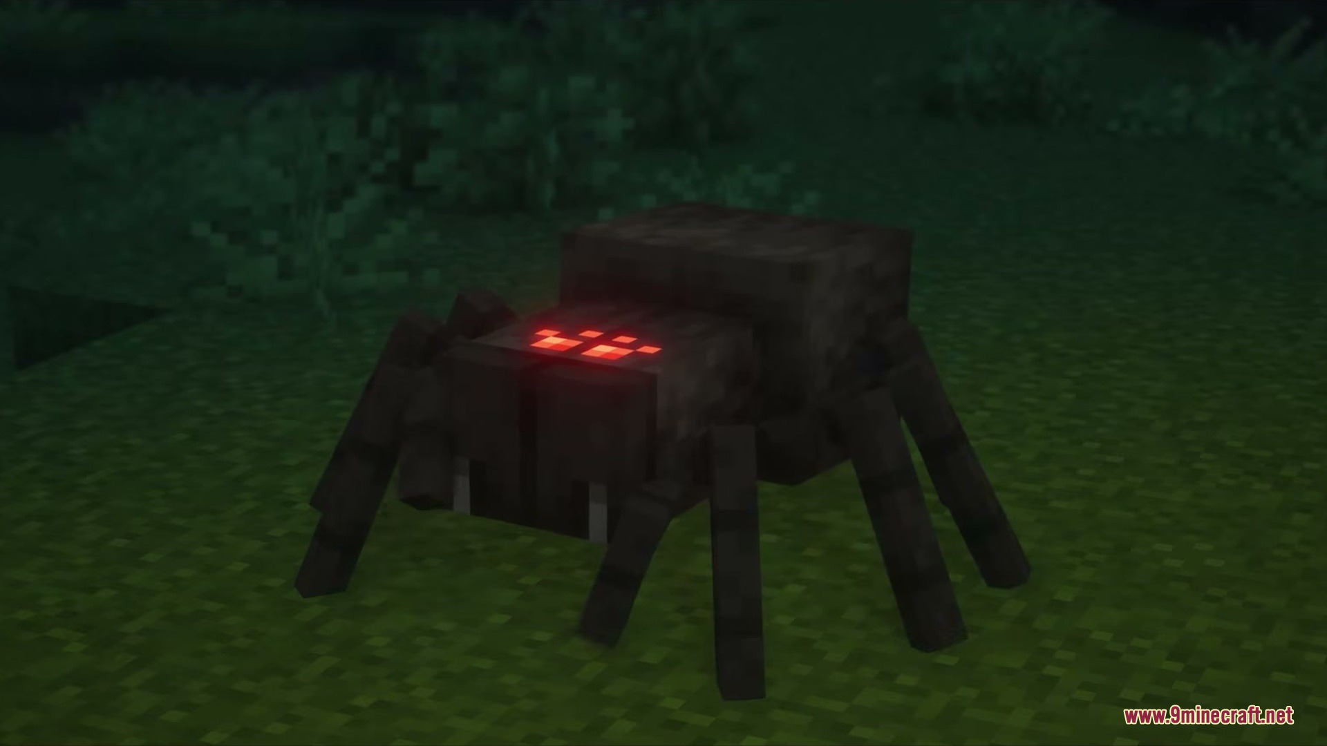 AL's Spiders Revamped X Fresh Animations Resource Pack Screenshot 1 A large dark spider with glowing red eyes standing on the grass at night