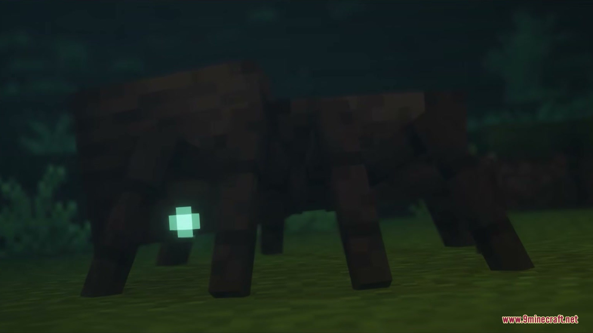 AL's Spiders Revamped X Fresh Animations Resource Pack Screenshot 2 A dark spider with a glowing cyan eye standing in a grassy field