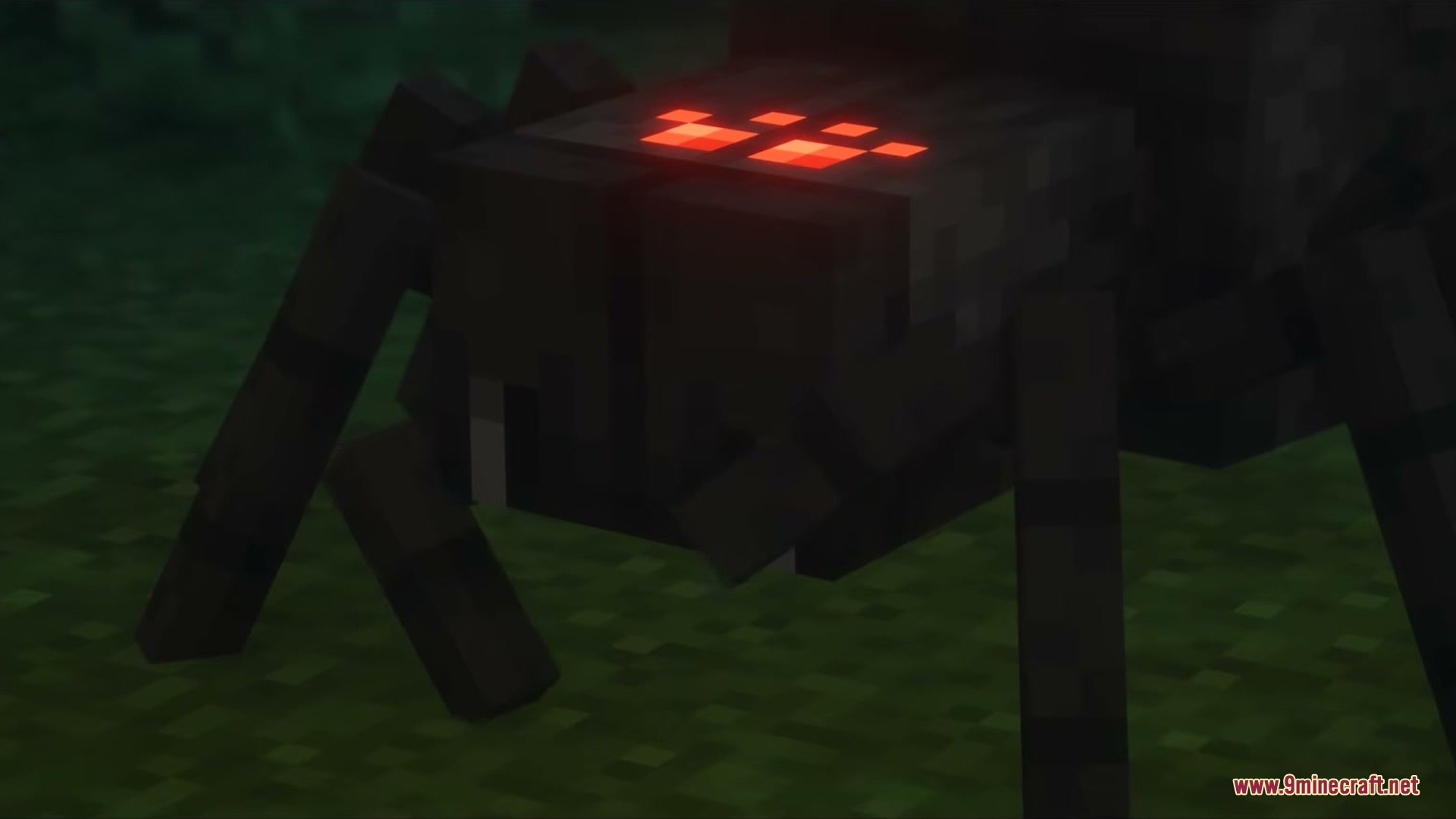 AL's Spiders Revamped X Fresh Animations Resource Pack Screenshot 3 Close up view of a dark spider with glowing red eyes in Minecraft