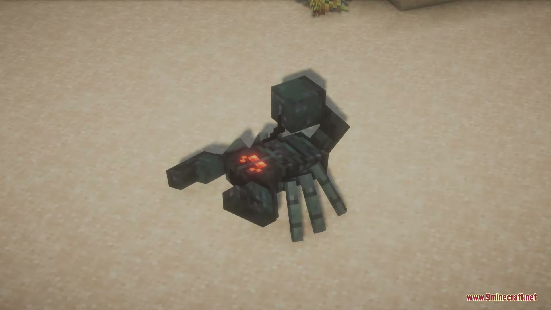 AL's Spiders Revamped X Fresh Animations Resource Pack Screenshot 4 A desert scorpion variant with glowing red eyes crawling on the sand
