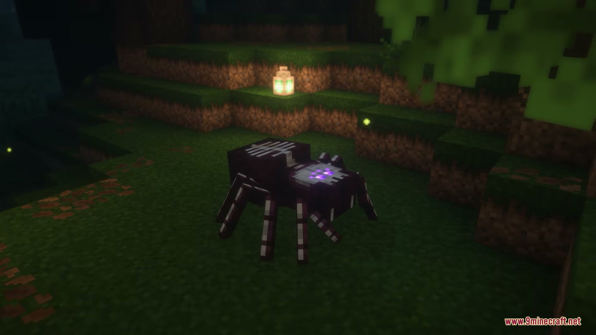AL's Spiders Revamped X Fresh Animations Resource Pack Screenshot 6 A bone spider stands in a dark forest near a glowing lantern