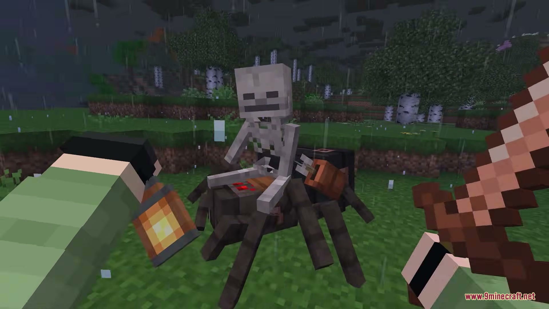 AL's Spiders Revamped X Fresh Animations Resource Pack Screenshot 7 Skeleton riding a spider in the rain while player holds a lantern