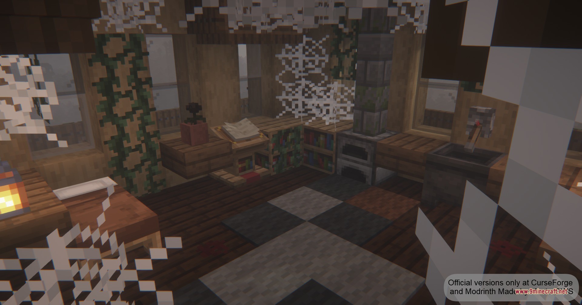 Abandoned Watchtowers Data Pack Screenshot 1 Interior of a ruined wooden tower with cobwebs and old furniture