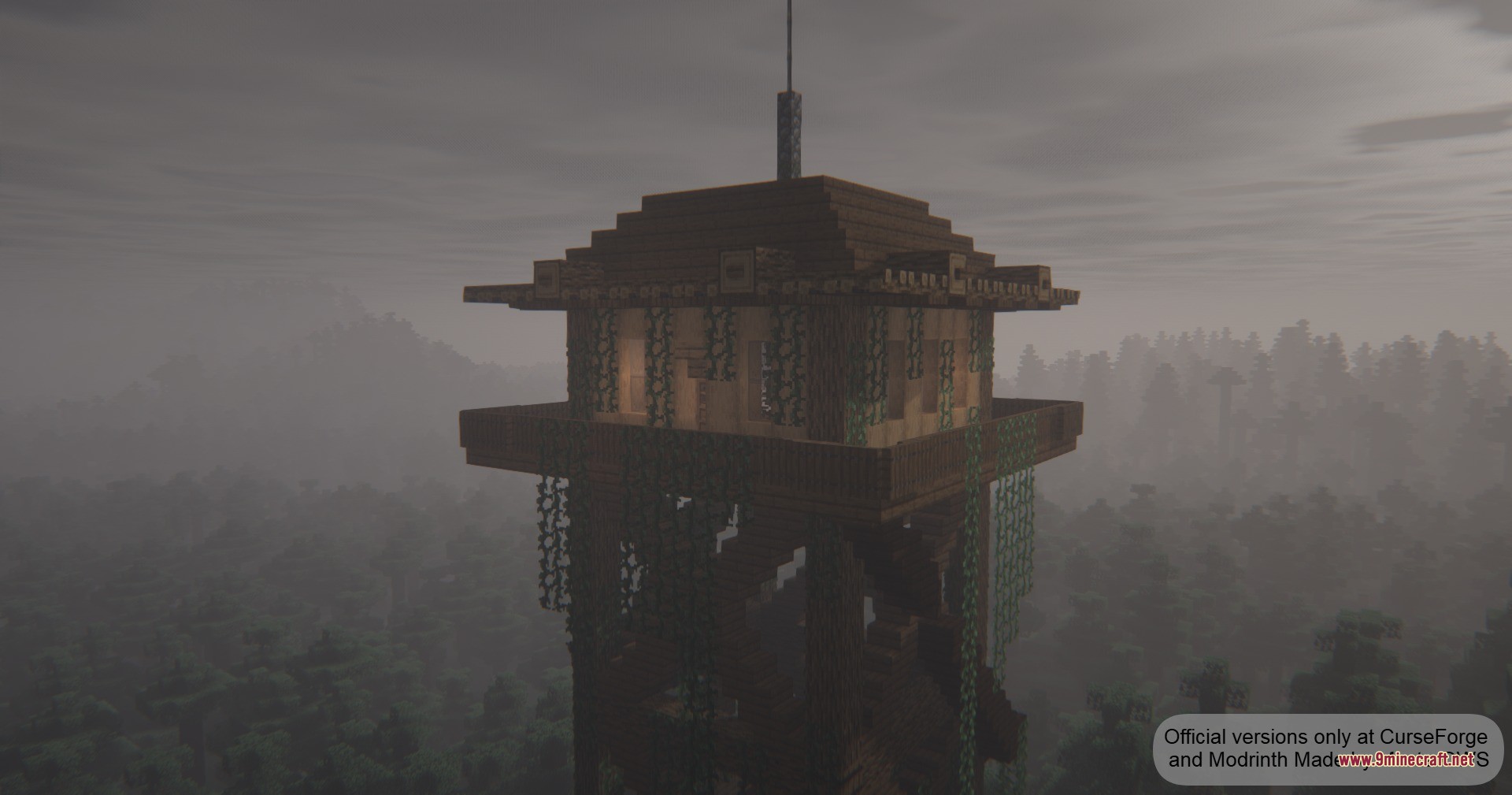 Abandoned Watchtowers Data Pack Screenshot 2 Tall wooden watchtower with vines overlooking a dense and foggy forest