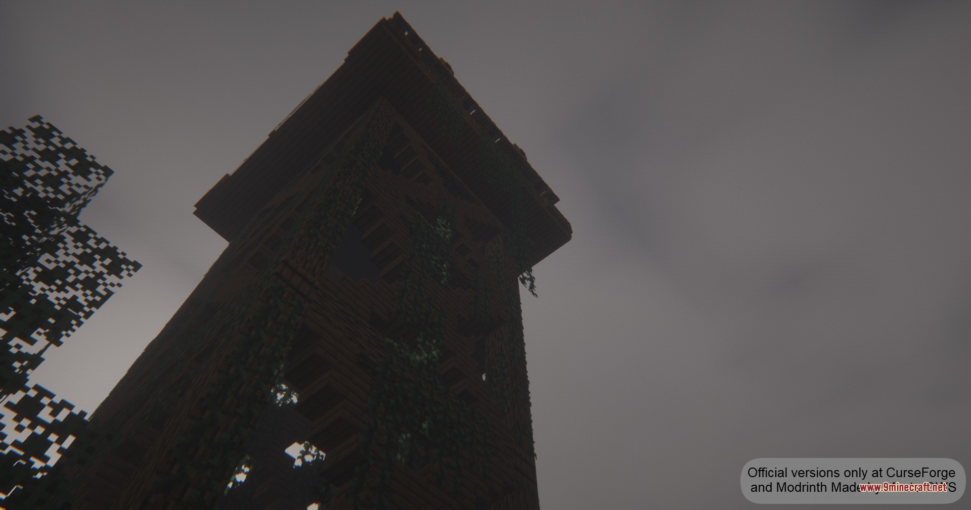 Abandoned Watchtowers Data Pack Screenshot 3 Tall abandoned watchtower covered in vines standing under a dark overcast sky