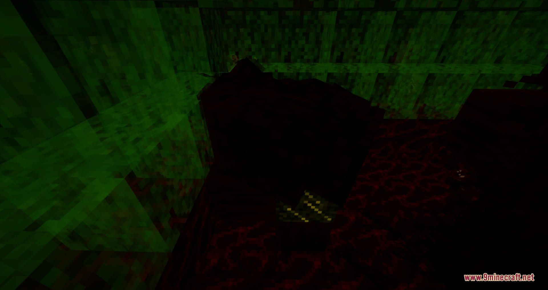 Abominations Infection Mod Screenshot 1 Dark interior of a parasite hive with glowing green and red blocks