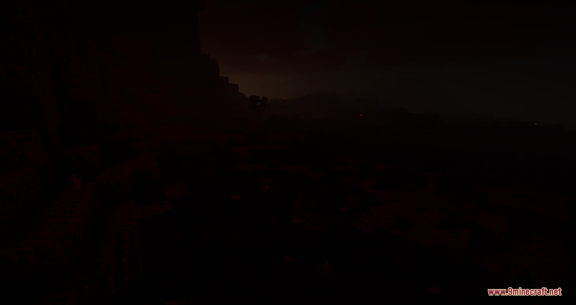 Abominations Infection Mod Screenshot 5 A dark Minecraft night scene with blocky terrain visible in the shadows