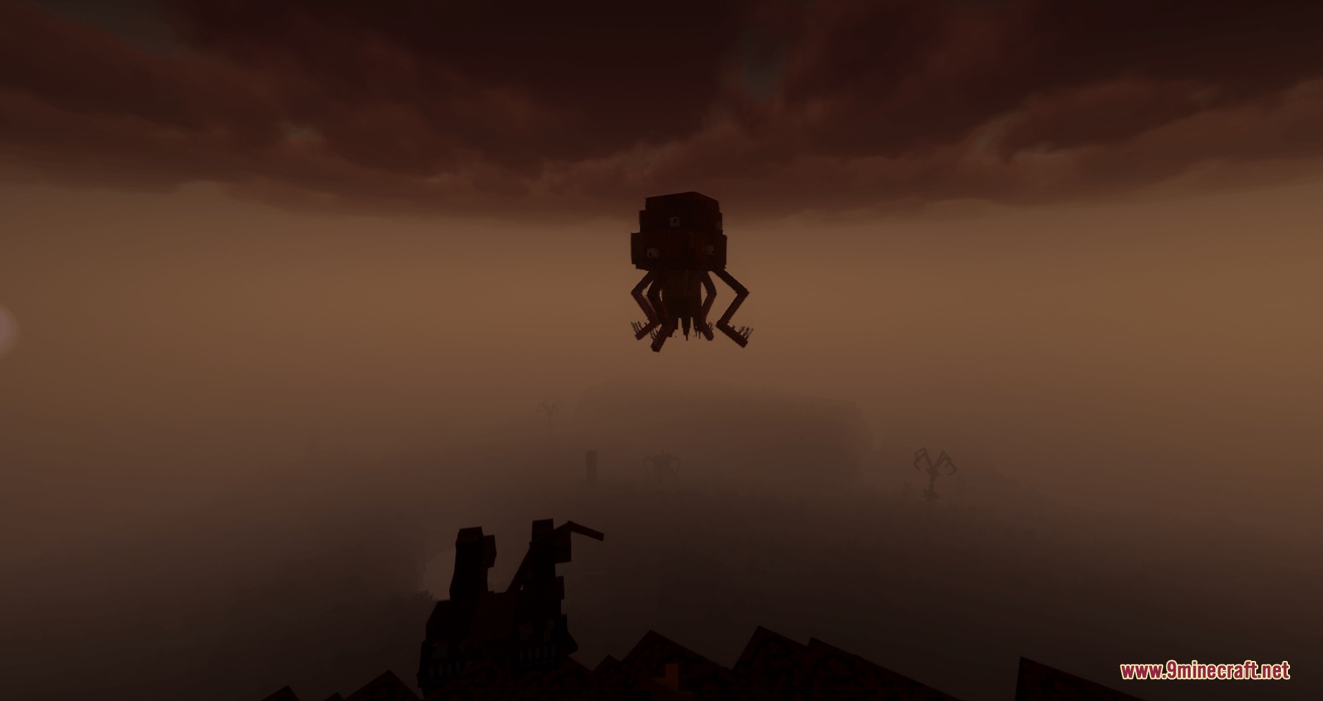 Abominations Infection Mod Screenshot 6 A giant abomination creature floating in the foggy sky of a Minecraft world