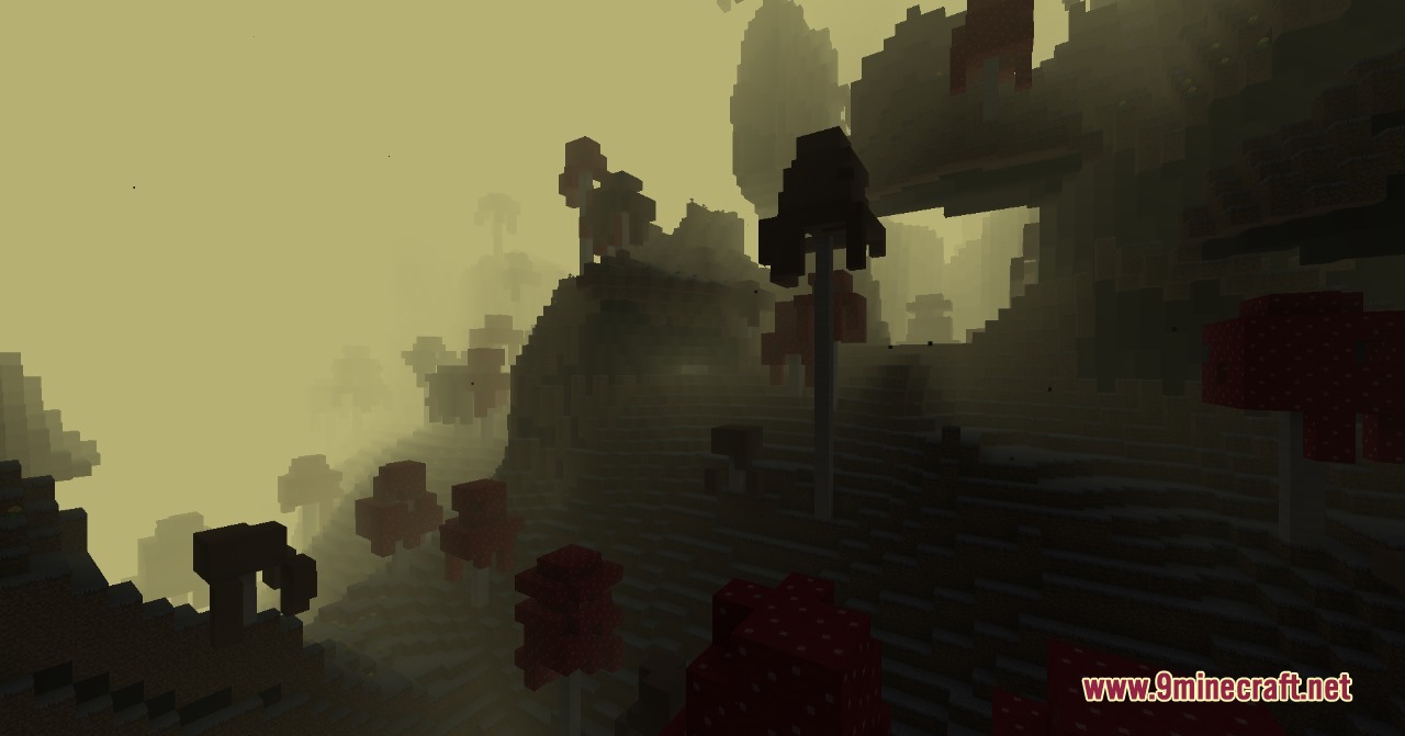 Giant red mushrooms populate a foggy landscape in the Abyssal Aftermath mod