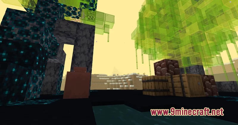 Giant green mushroom structure towers over wooden crates in a dark dimension