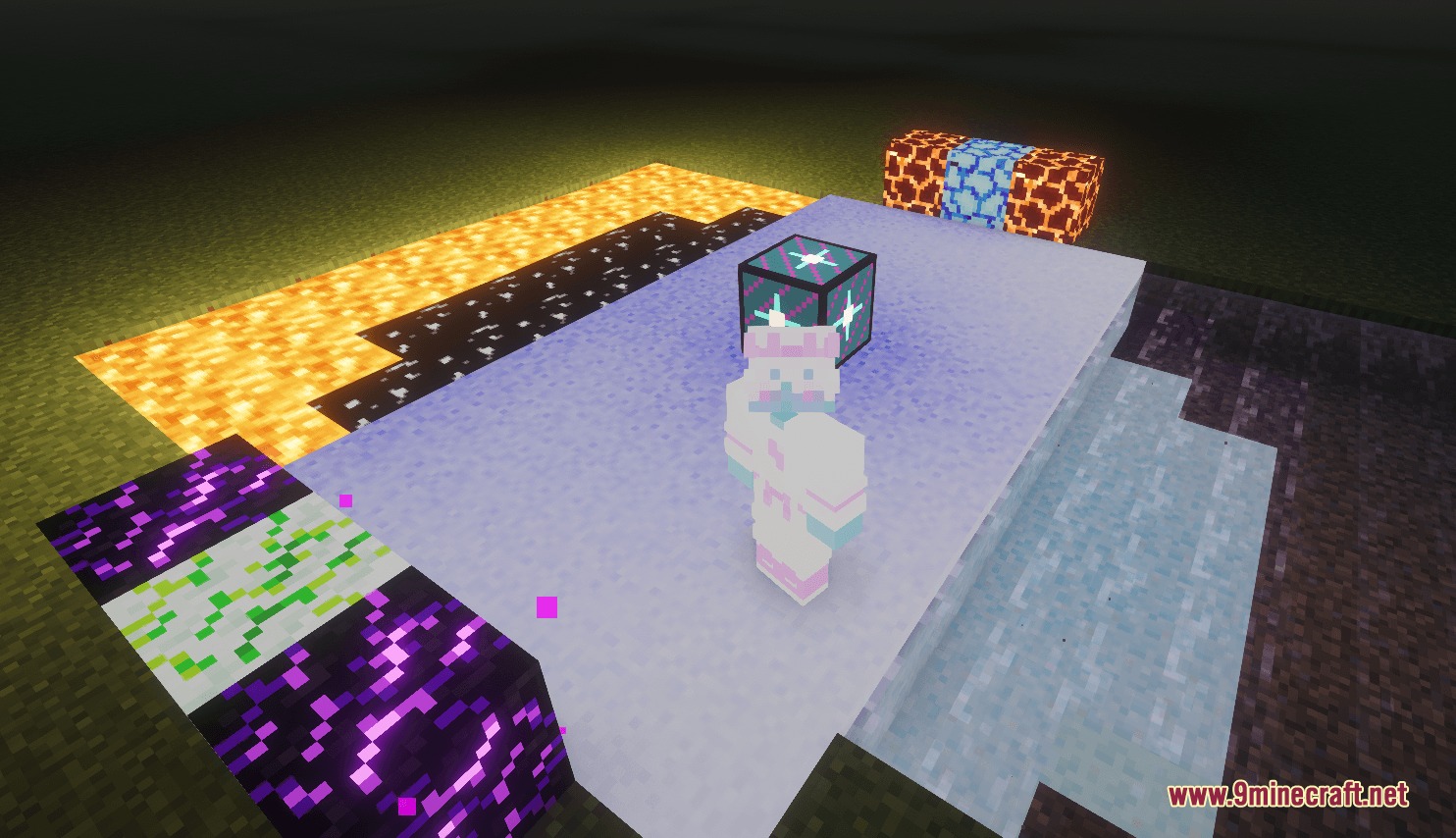 Abyssal Arcane Integration Mod Screenshot 1 A player stands on a platform surrounded by custom magical blocks and portals