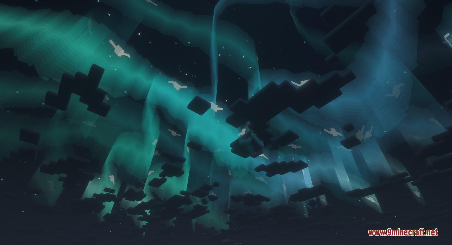 Abyssal Arcane Integration Mod Screenshot 2 Glowing teal aurora lights illuminate the sky of the Roaring Dark World dimension