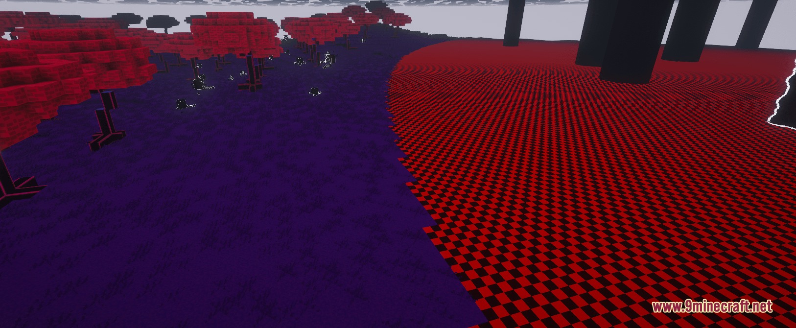 Abyssal Arcane Integration Mod Screenshot 3 Red trees and a checkered floor in the Roaring Dark World dimension