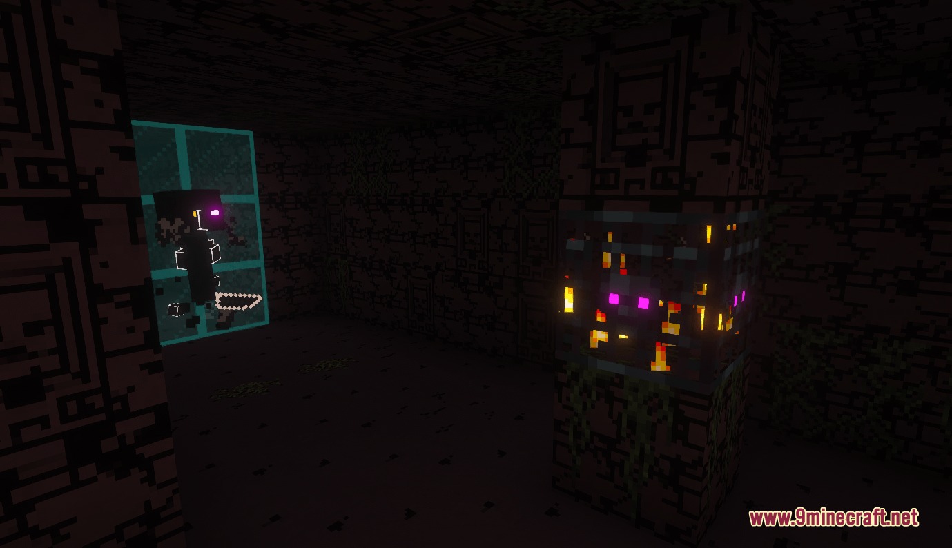 Abyssal Arcane Integration Mod Screenshot 4 Shadowy figure and a mob spawner inside the dark Roots Dungeon area