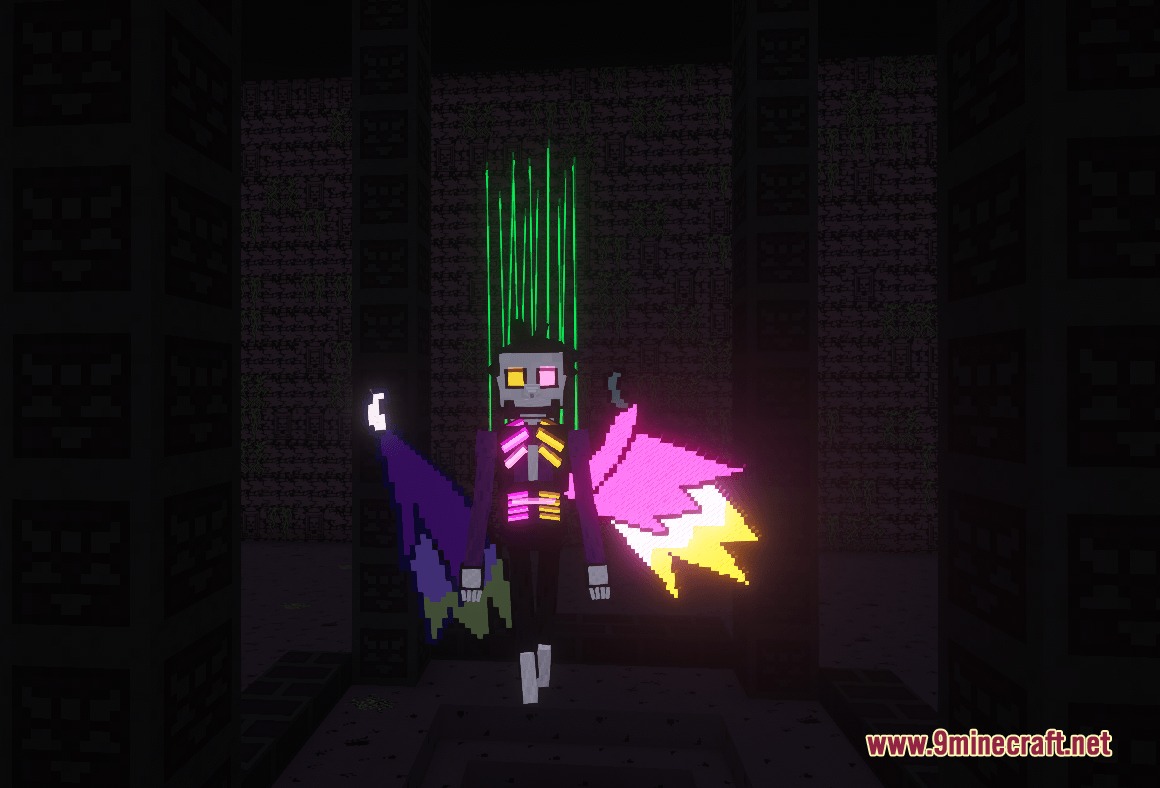 Abyssal Arcane Integration Mod Screenshot 5 Spamton NEO boss floating in a dark chamber with colorful glowing wings