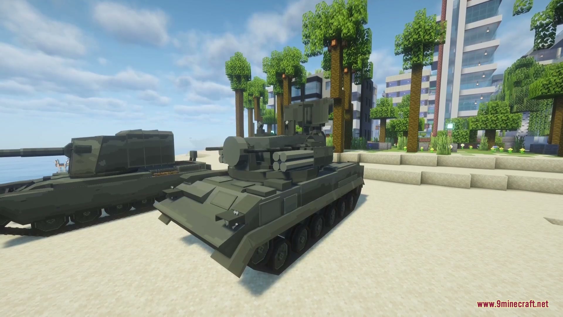 Abyssal Core Expansion Mod Screenshot 2 A 2S6 Tunguska and FV4005 Stage II parked on a sandy shore
