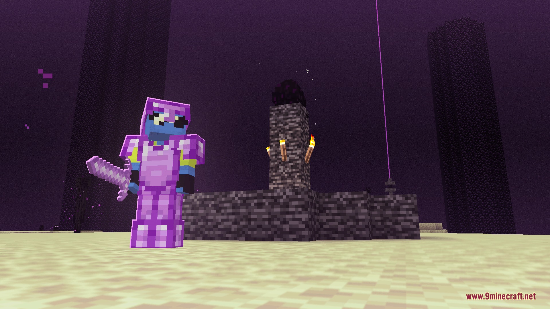Player wearing Abyssal Core Forged armor and holding a sword in the End