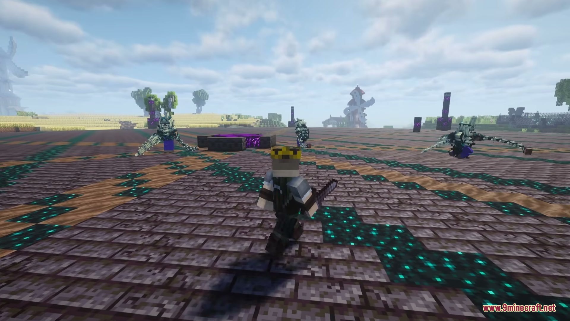 Abyssal Corrupter Mod Screenshot 5 A player character stands in a sculk arena facing several monstrous entities