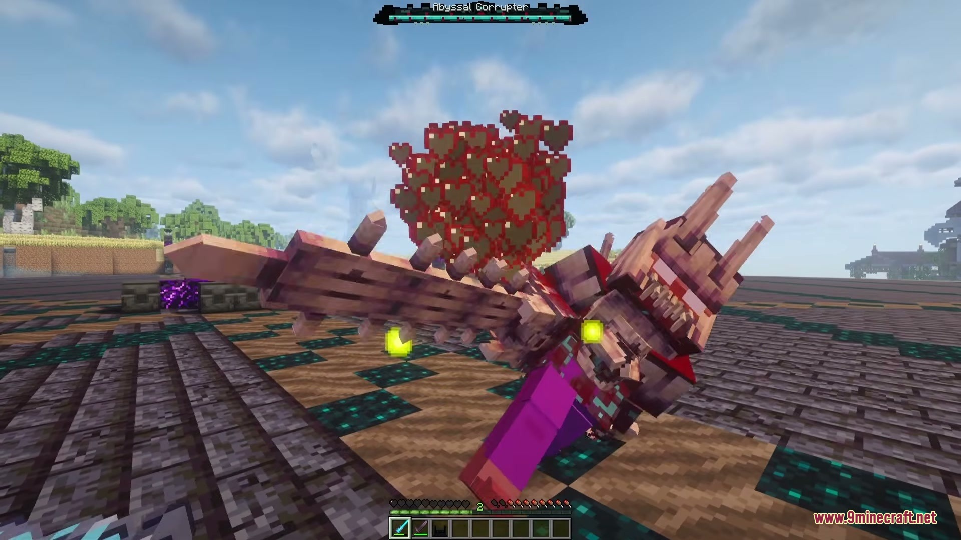 Abyssal Corrupter Mod Screenshot 8 The giant boss monster attacking with a massive weapon and red particles