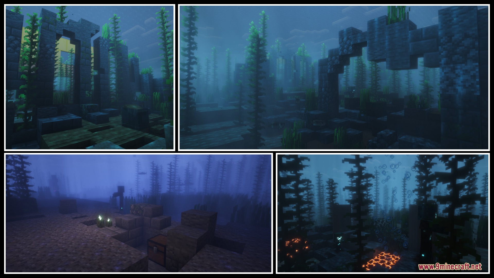 Abyssal Echoes Unbound Mod Screenshot 1 Sunken stone ruins and tall kelp forests deep beneath the ocean surface