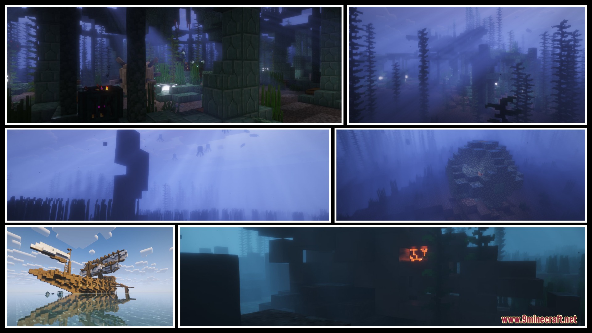 Abyssal Echoes Unbound Mod Screenshot 2 Ancient underwater structures and a wooden shipwreck floating on the calm sea