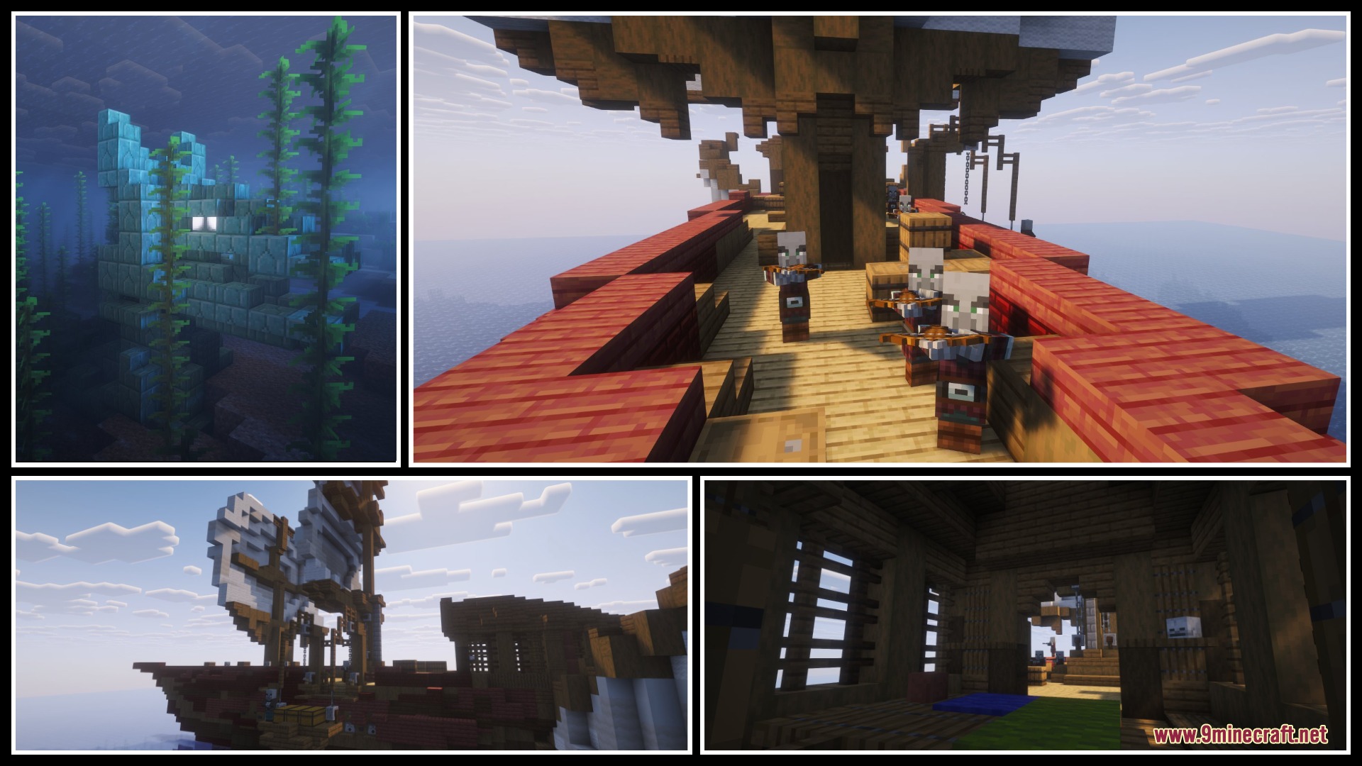 Abyssal Echoes Unbound Mod Screenshot 3 Pillagers on a wooden ship and diverse structures from Abyssal Echoes Unbound