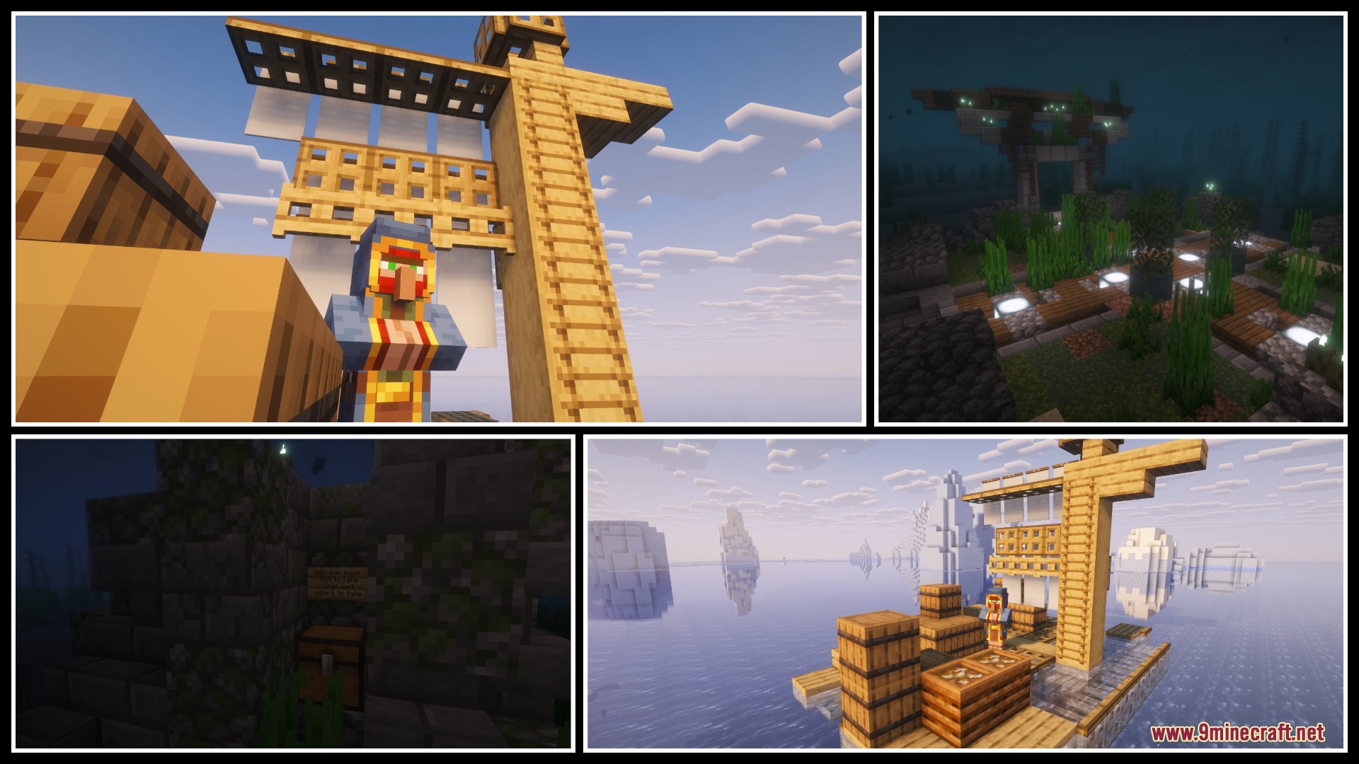 Abyssal Echoes Unbound Mod Screenshot 7 A Wandering Trader stands on a wooden raft floating in the icy ocean