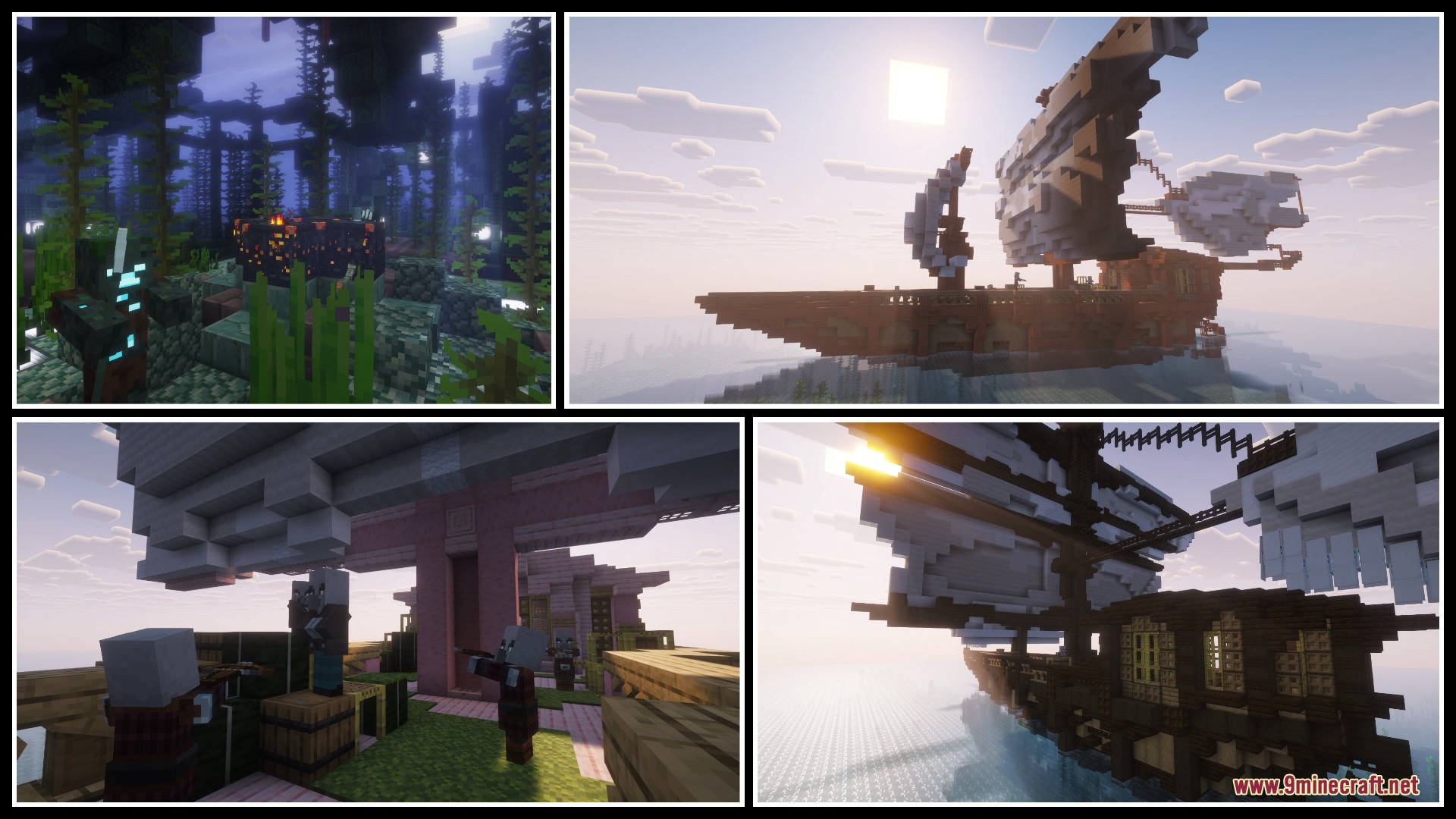 Abyssal Echoes Unbound Mod Screenshot 8 Pillagers sail large wooden ships across the sea near ancient underwater ruins