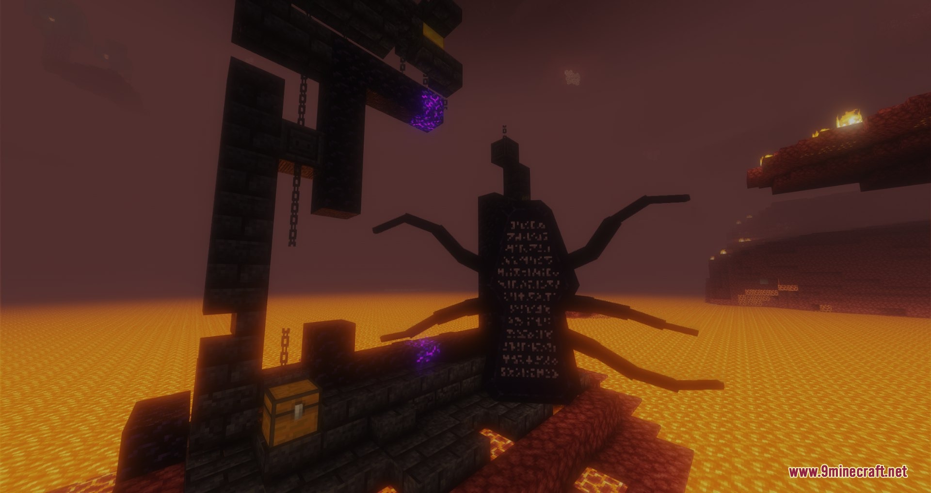 A mysterious obsidian structure with glowing runes stands amidst a lava lake