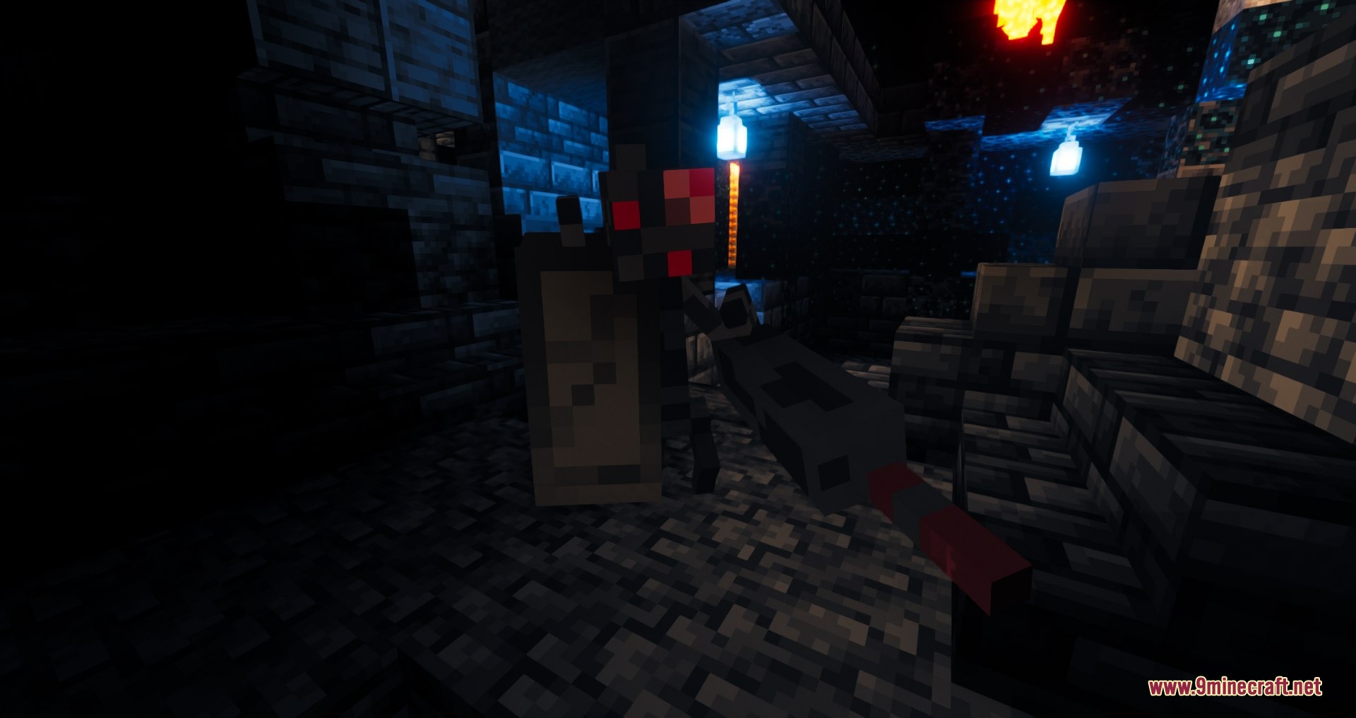 Dark entity with red eyes wielding a shield and mace in a cave
