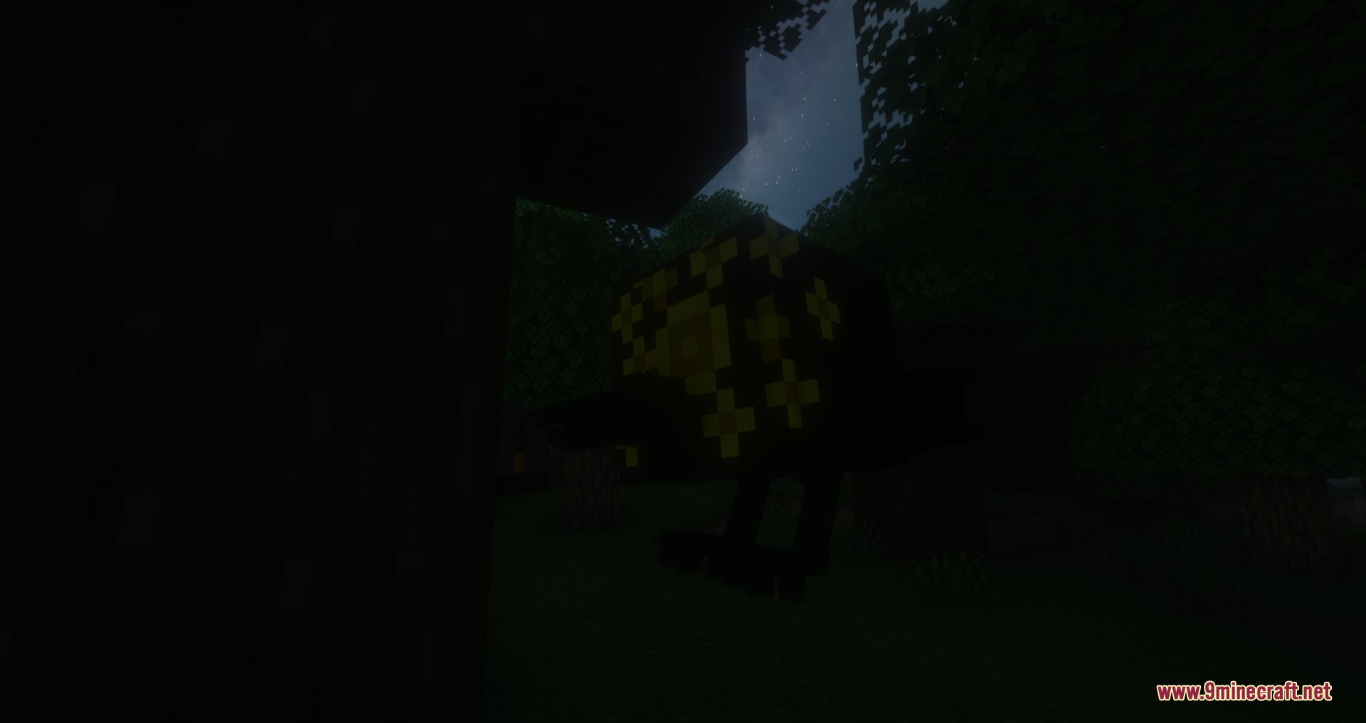 A shadowy creature with glowing yellow markings hides in a dark forest