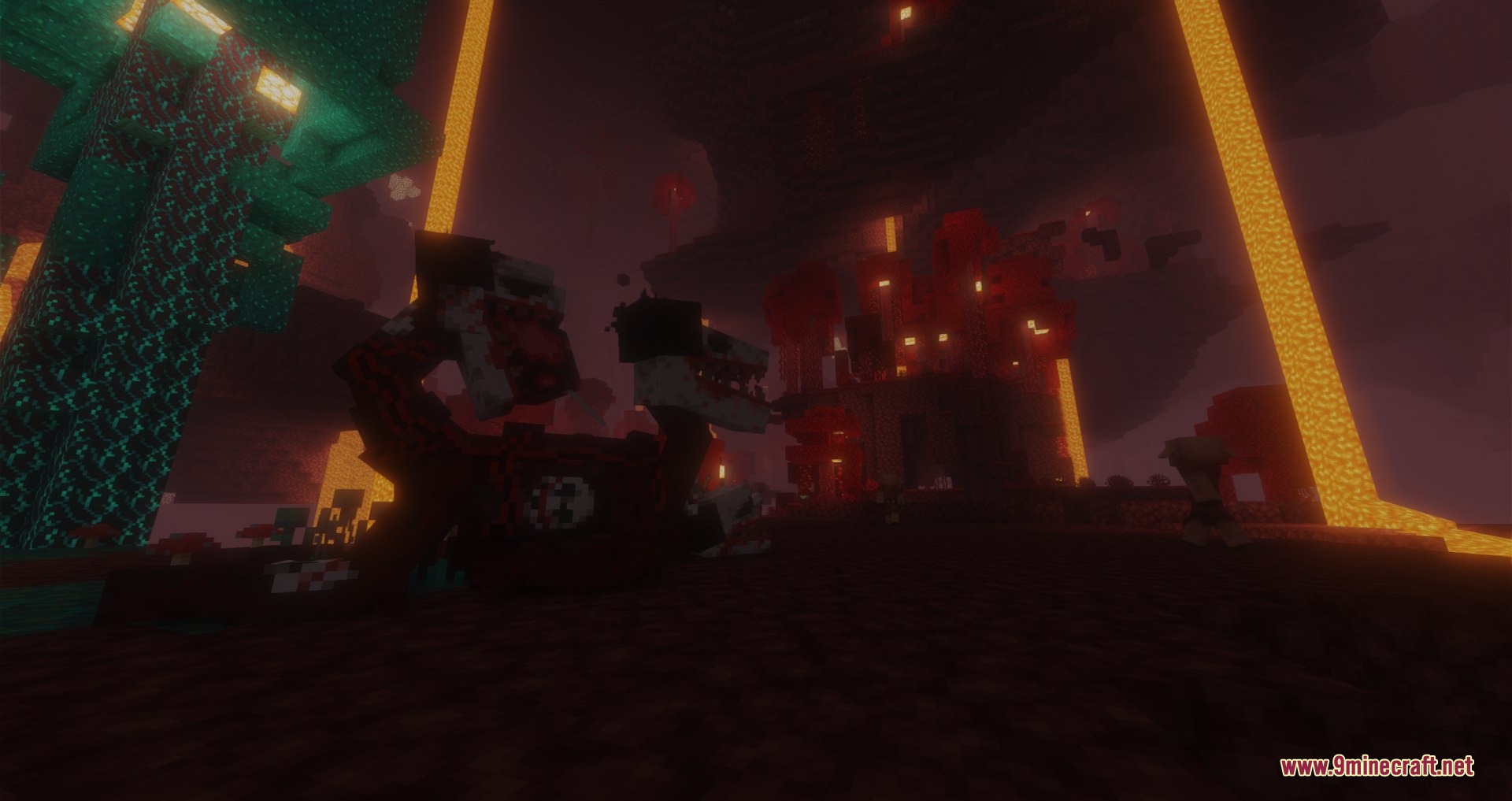 A massive multi headed monster stands in a dark nether forest with lava