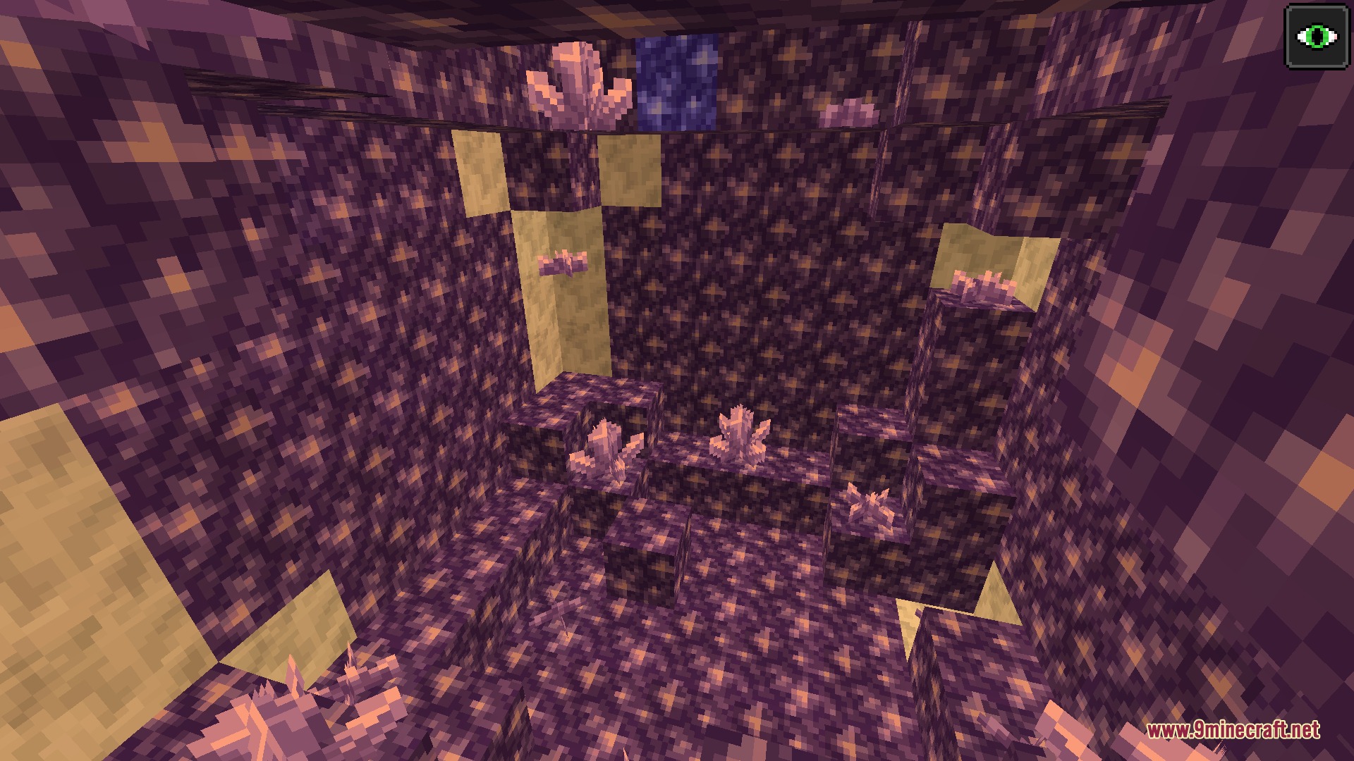 Abyssal Heights Legacy Mod Screenshot 1 Amethyst geode featuring purple crystal clusters and budding amethyst blocks underground