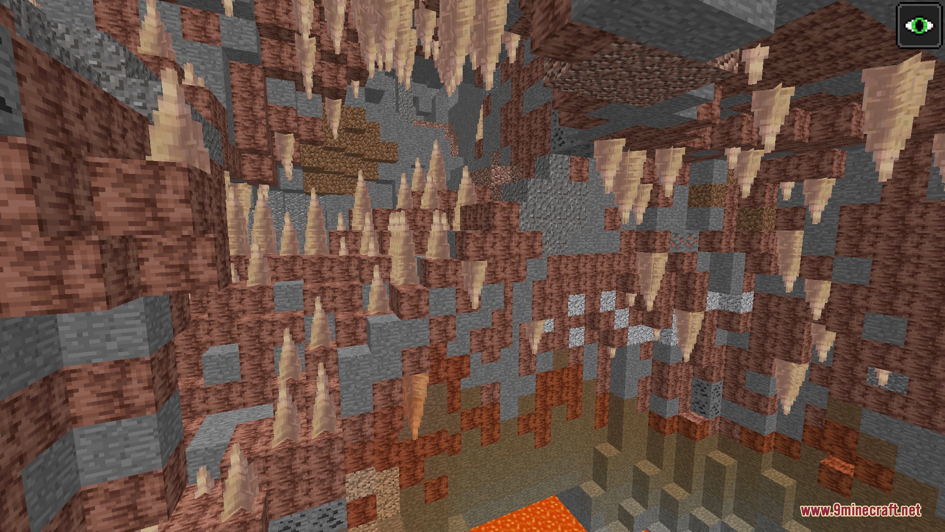 Abyssal Heights Legacy Mod Screenshot 2 Dripstone cavern filled with pointed stalactites and stalagmites above a lava pool