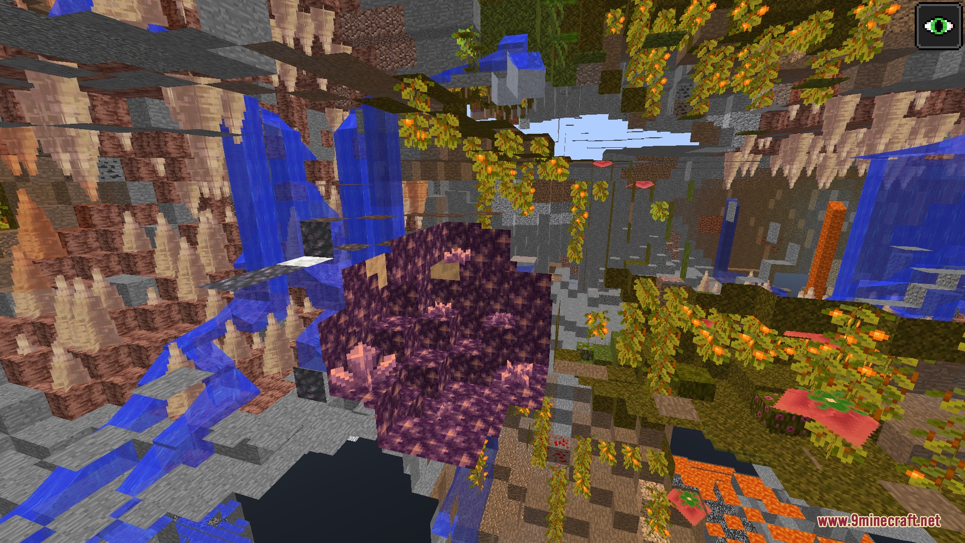 Abyssal Heights Legacy Mod Screenshot 3 An amethyst geode sits among lush cave plants and dripstone in Minecraft