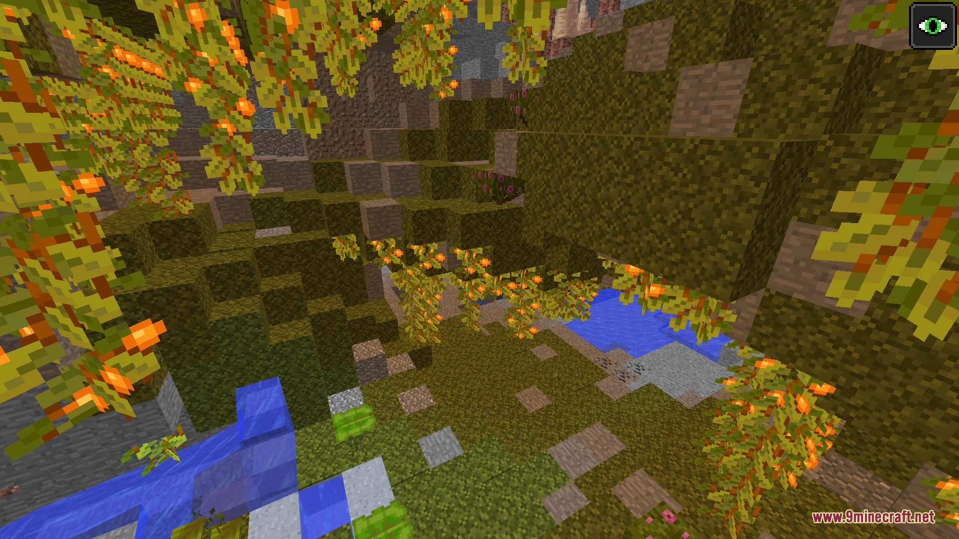 Abyssal Heights Legacy Mod Screenshot 4 Glow berries hang from vines in a lush cave with moss and water
