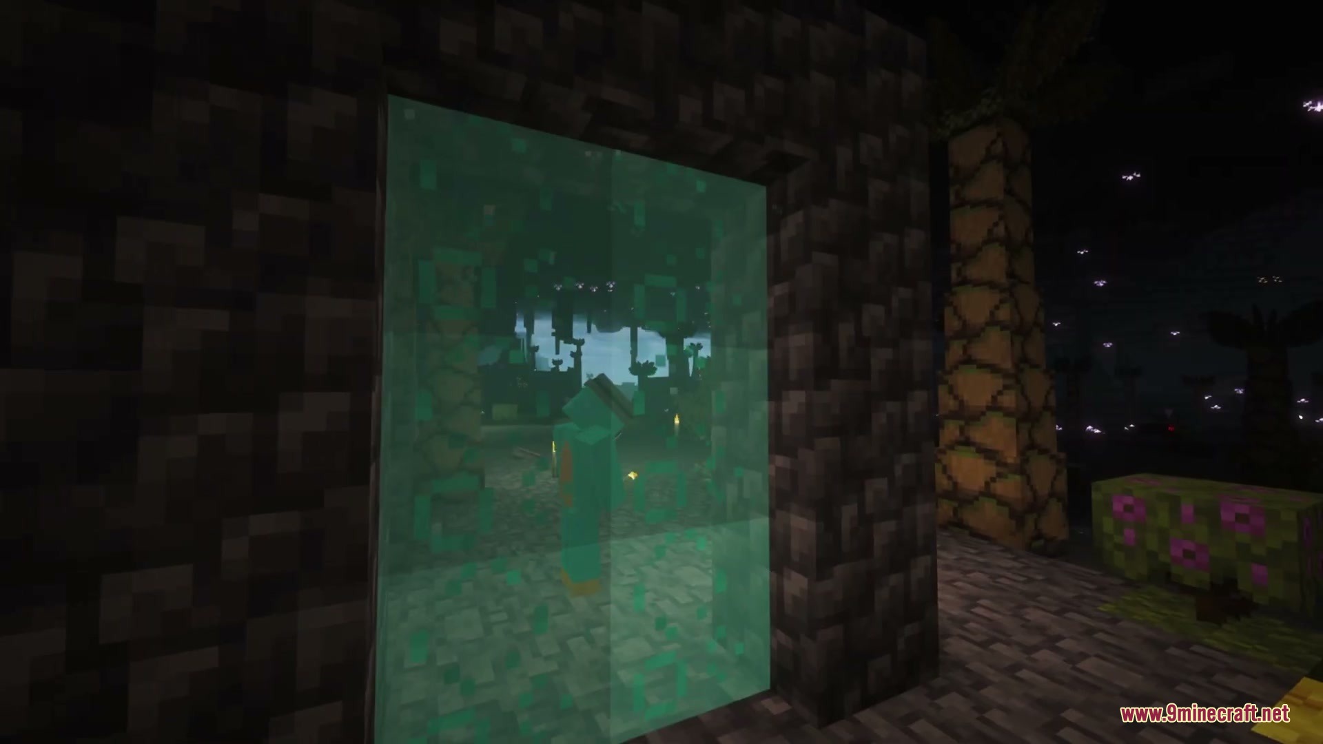 Abyssal Horizon Mod Screenshot 1 A glowing teal portal built into a dark stone wall leading to another dimension