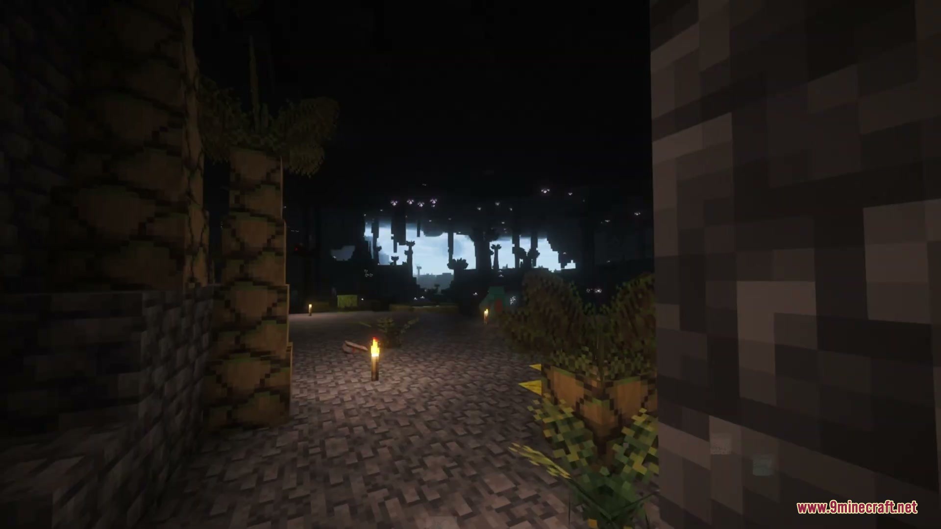 Abyssal Horizon Mod Screenshot 2 A dark underwater landscape with glowing torches and tall plant structures at night