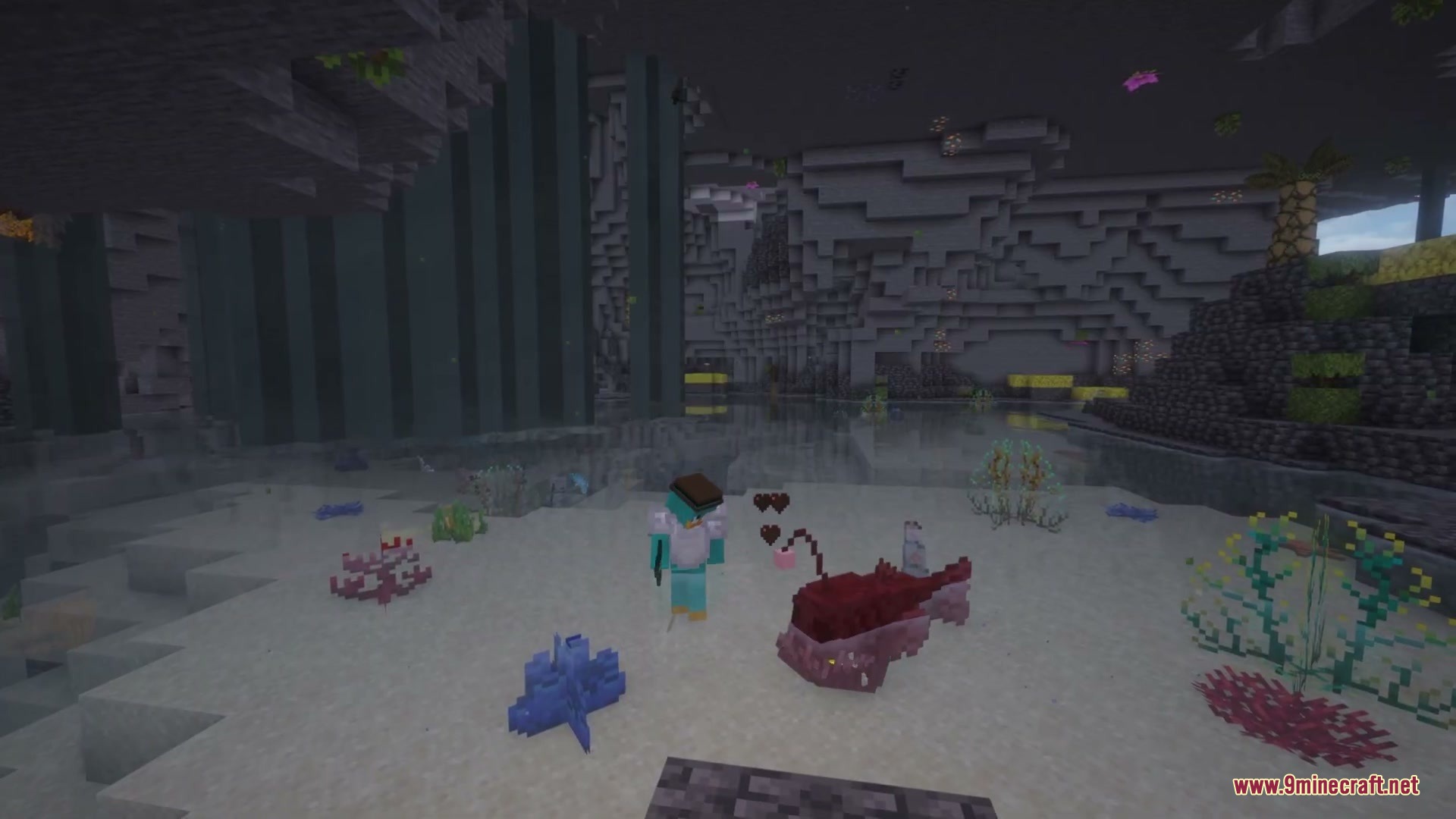 Abyssal Horizon Mod Screenshot 3 A player standing next to a large anglerfish in a deep ocean biome