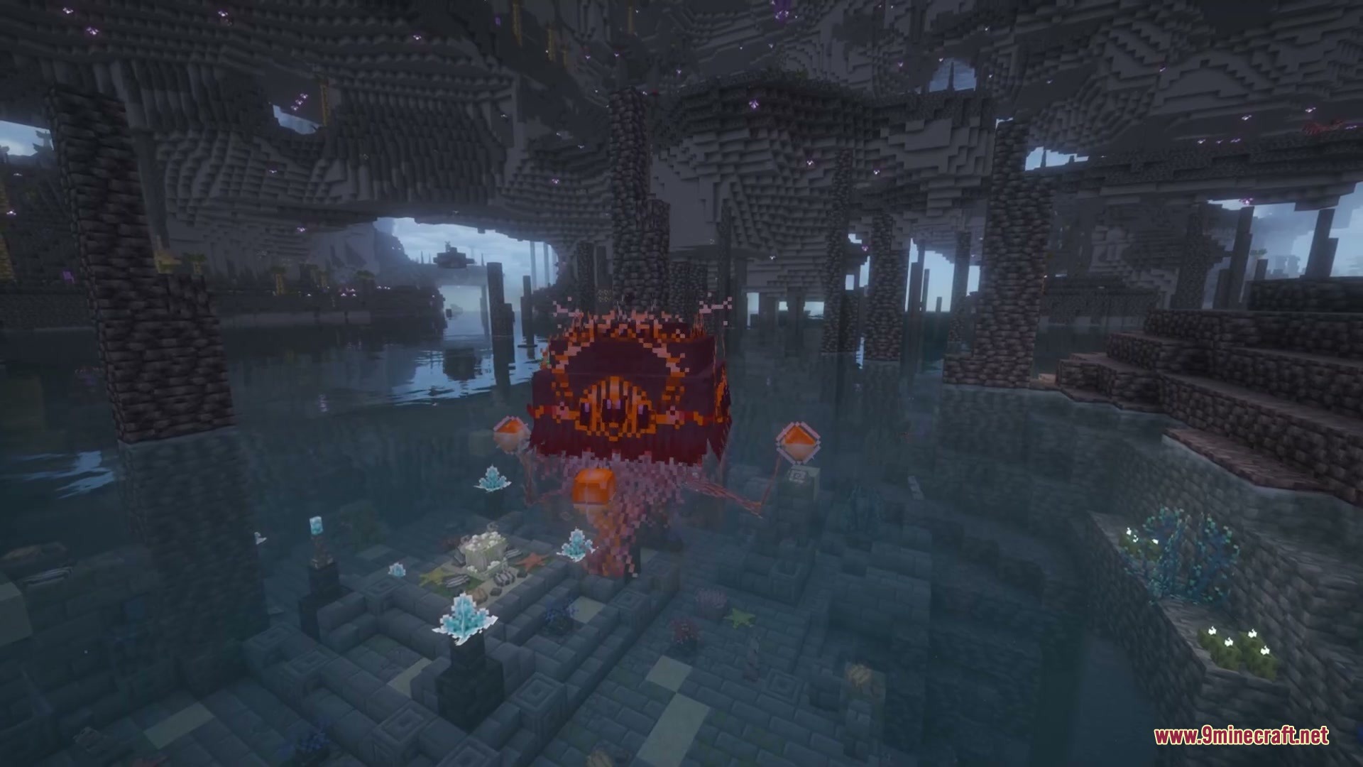 Abyssal Horizon Mod Screenshot 5 A giant red jellyfish boss floats above an altar in a deep underwater shrine
