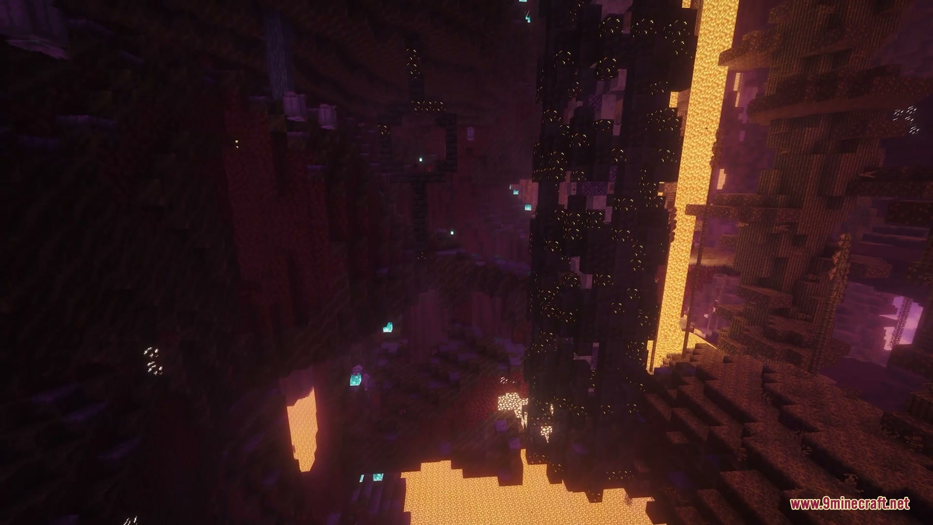Abyssal Plunge Mod Screenshot 1 Tall dark pillars and lava falls within the Abyssal Plunge Mod biome